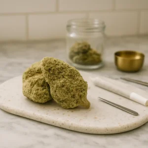 Amnesia Haze THCA-Blüten auf einer Platte mit Marmor, Buds und Grinder im Hintergrund