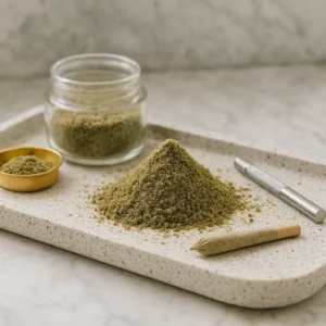 THCA-haltige Blüten trim in einem weißen Bottich mit Knospen und Joint