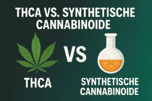Vergleich THCA vs. synthetische Cannabinoide (THCH, HHC) – natürliche Blüte, Labor-Symbol und chemische Formeln