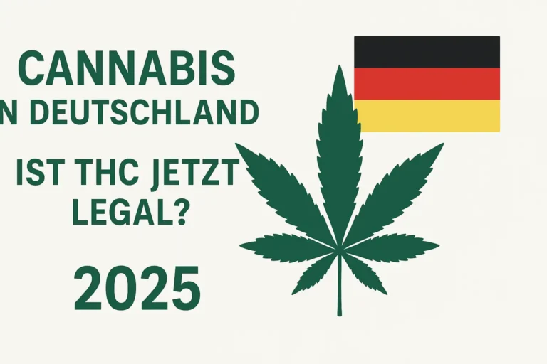 Infografik im Landschaftsstil zum Cannabisgesetz 2025 in Deutschland mit Symbolen, die 25 g in der Öffentlichkeit, 50 g zu Hause, ein Cannabisblatt und die deutsche Flagge zeigen.