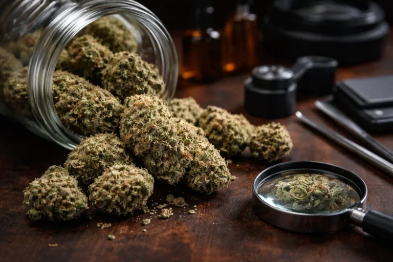 Hochwertige THCA Blüten mit sichtbaren Trichomen und dichter Struktur