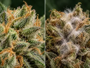 Vergleich von Cannabisblüten: natürliche Trichome links und schimmelartiger Pilzbefall rechts