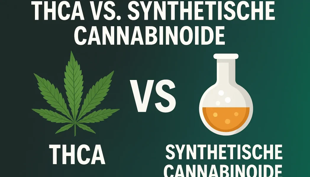 Vergleich THCA vs. synthetische Cannabinoide (THCH, HHC) – natürliche Blüte, Labor-Symbol und chemische Formeln