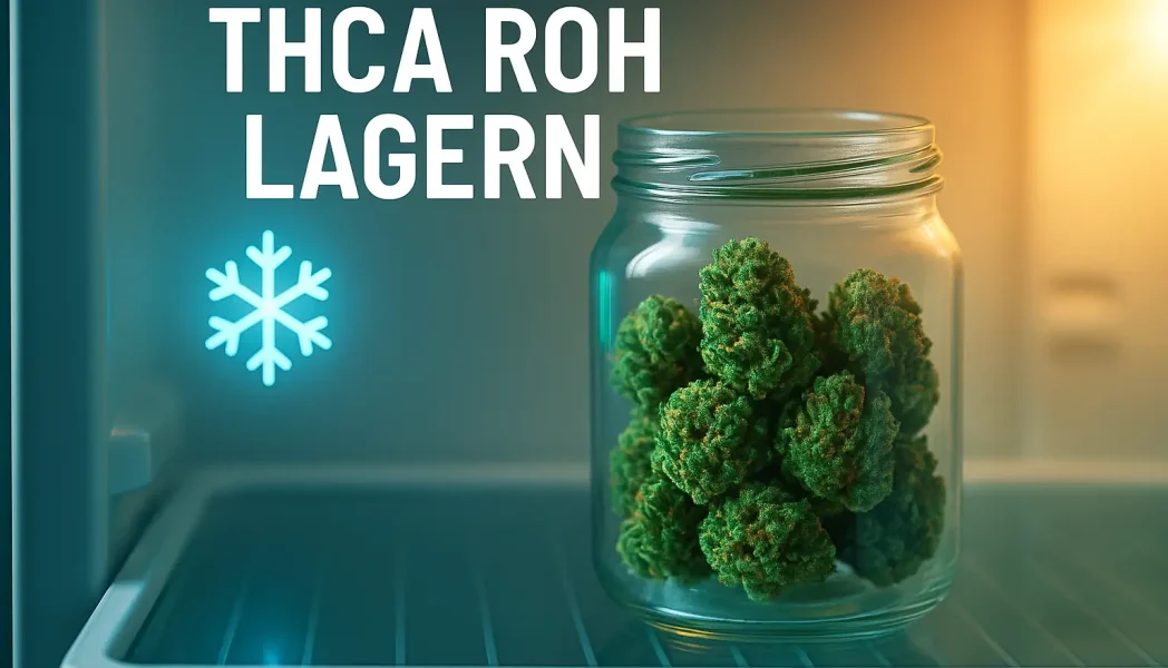 THCA-Tee in einer transparenten Glastasse mit dampfendem Kräuteraufguss und Hanfblüten